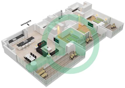 المخططات الطابقية لتصميم النموذج / الوحدة A.2/UNIT 4 FLOOR 3,6,9,12 شقة 3 غرف نوم - برج سنترال بارك بلازا B