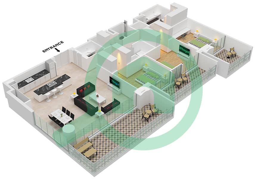 المخططات الطابقية لتصميم النموذج / الوحدة A.2/UNIT 4 FLOOR 3,6,9,12 شقة 3 غرف نوم - برج سنترال بارك بلازا B Type A.2 Unit 4 Floor 3,6,9,12 interactive3D