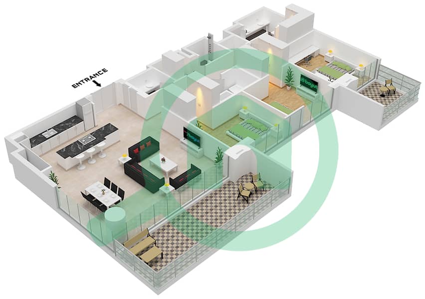 المخططات الطابقية لتصميم النموذج / الوحدة A.3/UNIT 4 FLOOR 4,5,7,8 شقة 3 غرف نوم - برج سنترال بارك بلازا B Type A.3 Unit 4 Floor 4,5,7,8,10,11,13,14 interactive3D