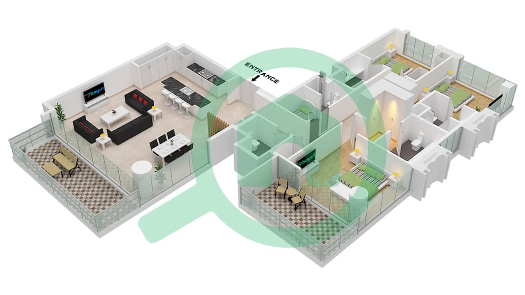 المخططات الطابقية لتصميم النموذج / الوحدة B.1 / UNIT 9 FLOOR 15-17 شقة 3 غرف نوم - برج سنترال بارك بلازا B Type B.1 Unit 9 Floor 15-17 interactive3D