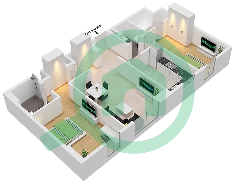 المخططات الطابقية لتصميم النموذج / الوحدة D/UNIT SO5G FLOOR GROUND شقة 2 غرفة نوم - RA 1 Type D Unit SO5G Ground Floor interactive3D