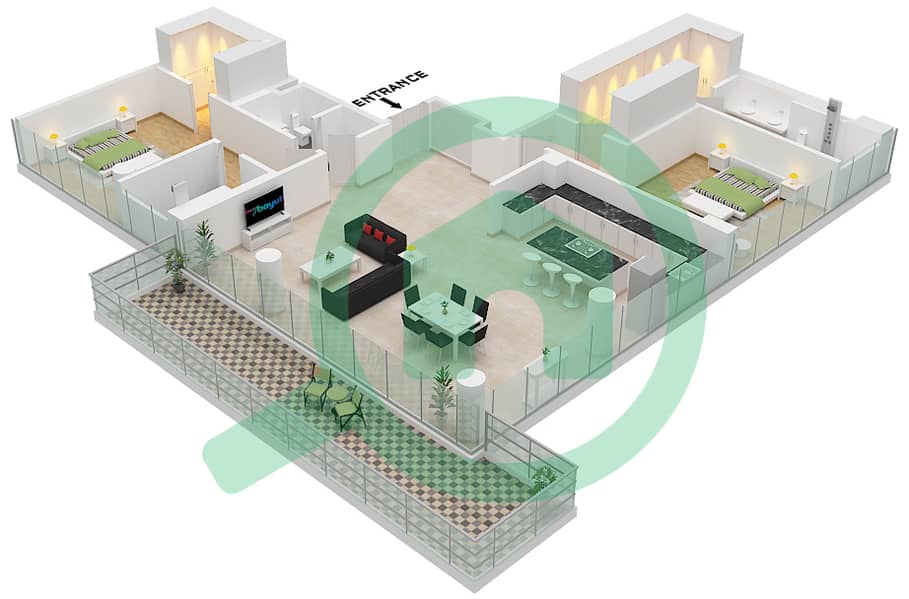 阿什贾尔 D2 - 2 卧室公寓单位2 FLOOR 2戶型图 Unit 2 Floor 2 interactive3D