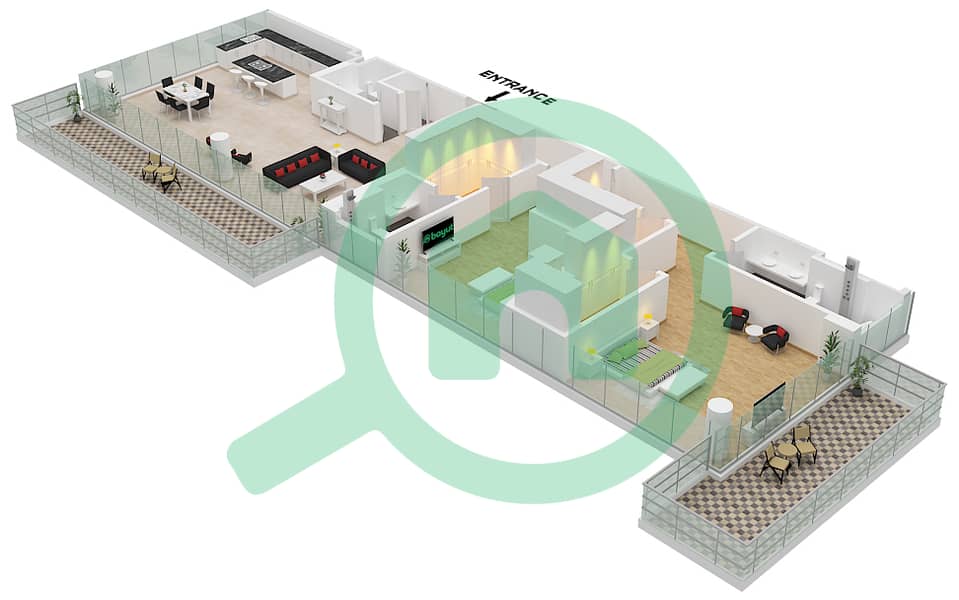 阿什贾尔 D2 - 2 卧室公寓单位1 FLOOR 1戶型图 Unit 1 Floor 1 interactive3D