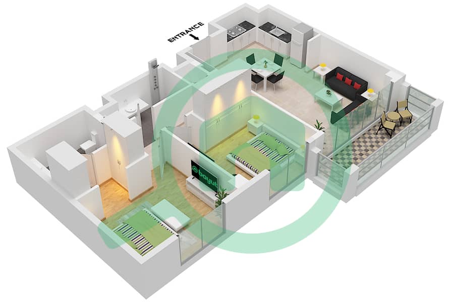 المخططات الطابقية لتصميم الوحدة 1 FLOOR MEZZANINE شقة 2 غرفة نوم - بناية سافانا 1 Unit 1 Floor Mezzanine interactive3D