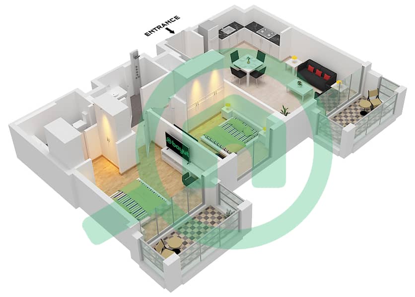 萨瓦纳1号楼 - 2 卧室公寓单位1,2 FLOOR 1-8戶型图 Unit 1 Floor 1 
Unit 2 Floor 2-8 interactive3D