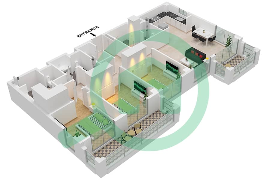 Savanna Building 1 - 3 Bedroom Apartment Unit 1 FLOOR 2-8 Floor plan Unit 1 Floor 2-8 interactive3D