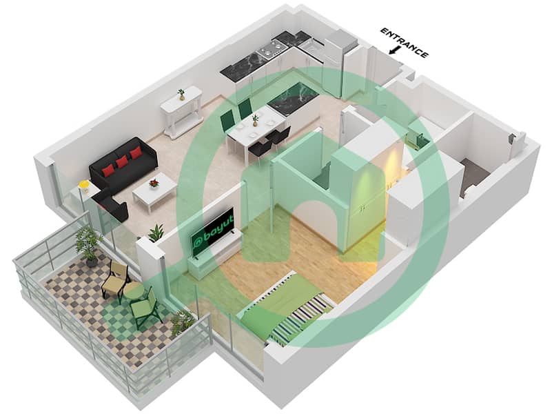 宁静花园 2 号 - 1 卧室公寓类型1戶型图 Type 1 interactive3D