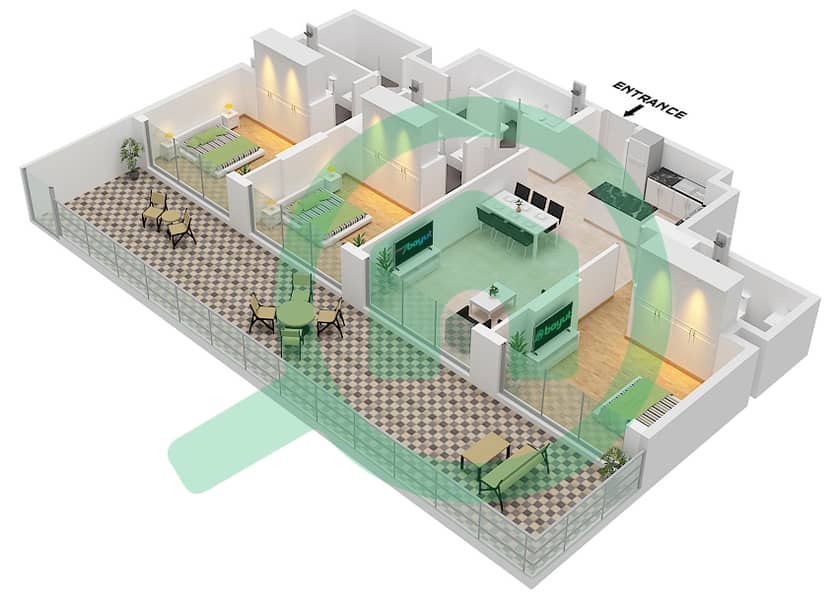 宁静花园 2 号 - 3 卧室公寓类型2戶型图 Type 2 interactive3D