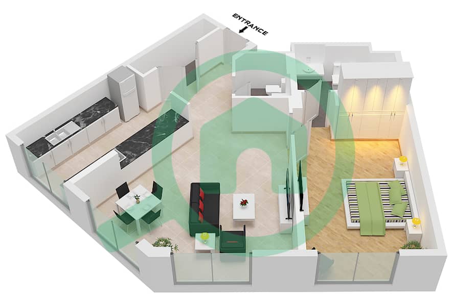 阿尔巴沙家园公寓 - 1 卧室公寓类型C FLOOR 1-14戶型图 Type C Floor 1-14 interactive3D