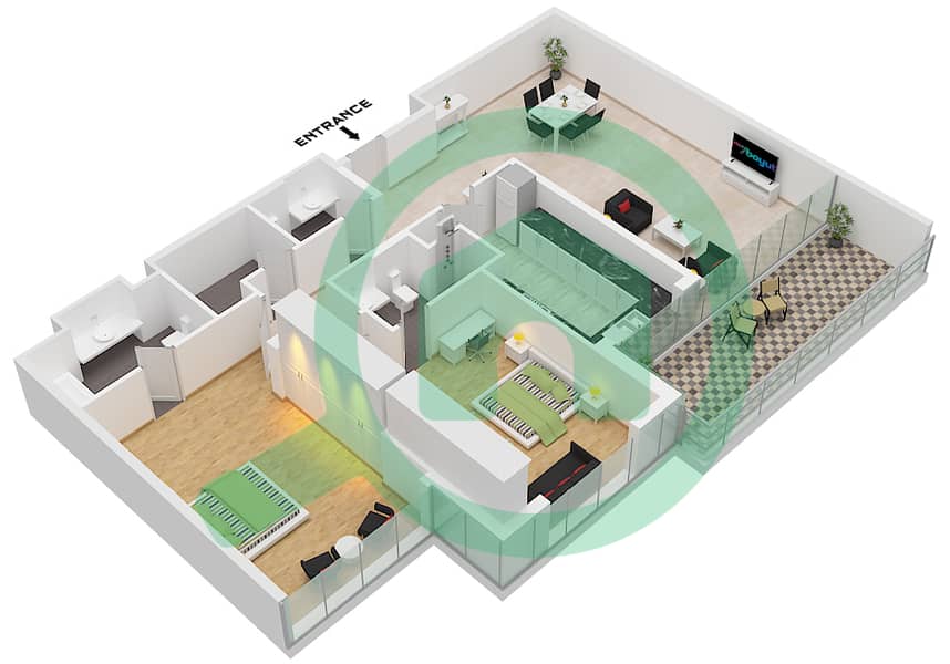 Manazel Al Barsha - 2 Bedroom Apartment Type A FLOOR 1-14 Floor plan Type A Floor 1-14 interactive3D
