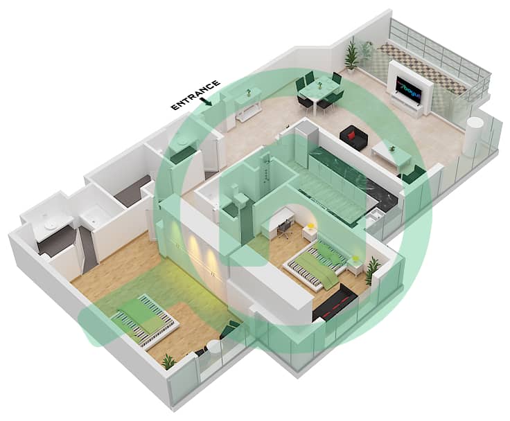 Manazel Al Barsha - 2 Bedroom Apartment Type B FLOOR 1-14 Floor plan Type B Floor 1-14 interactive3D