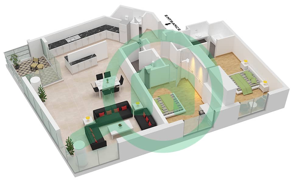 Manazel Al Barsha - 2 Bedroom Apartment Type H FLOOR 1-14 Floor plan Type H Floor 1-14 interactive3D