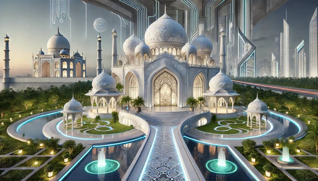 DALL·E 2024-12-12 16.01. 20 - A futuristic house inspired by the design of the Taj Mahal, featuring white marble-like domes and intricate carvings, set in a high-tech environment w. jpeg