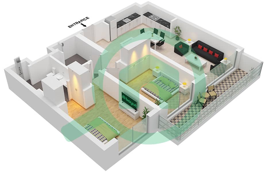 Seascape Building 4 - 2 卧室公寓类型／单位2B / UNIT 1 FLOOR 2-4戶型图 Type 2B Unit 1 Floor 2-4 interactive3D