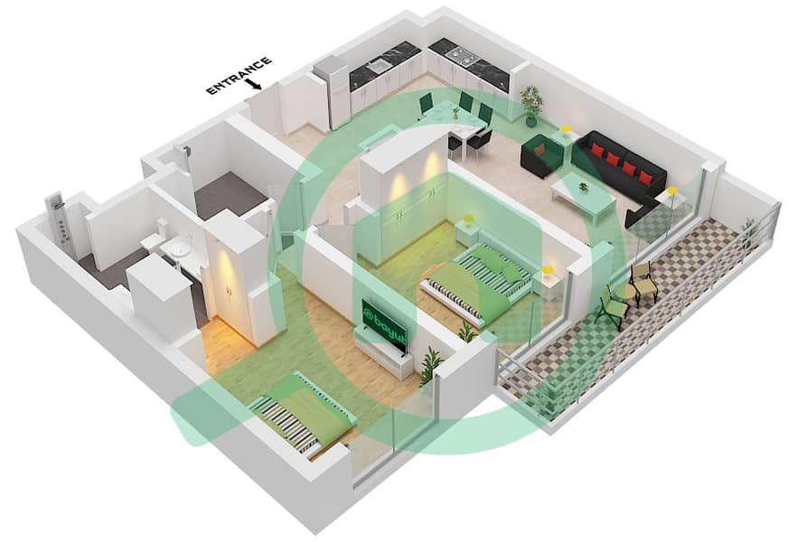 Seascape Building 4 - 2 卧室公寓类型／单位2F / UNIT 1 FLOOR 5-6戶型图 Type 2F Unit 1 Floor 5-6 interactive3D
