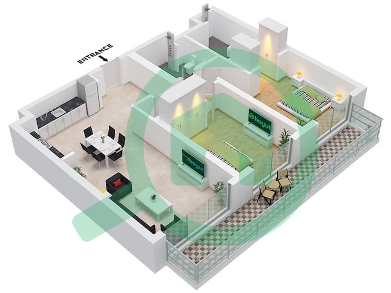 Seascape Building 4 - 2 卧室公寓类型／单位2J / UNIT 11 FLOOR 6戶型图 Type 2J Unit 11 Floor 6 interactive3D