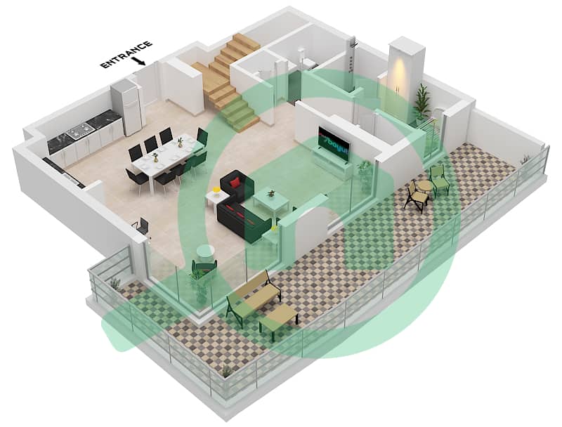 Seascape Building 4 - 3 卧室联排别墅类型／单位1C/UNIT 7 FLOOR  GROUND,1戶型图 Type 1C Unit 7 Ground Floor interactive3D