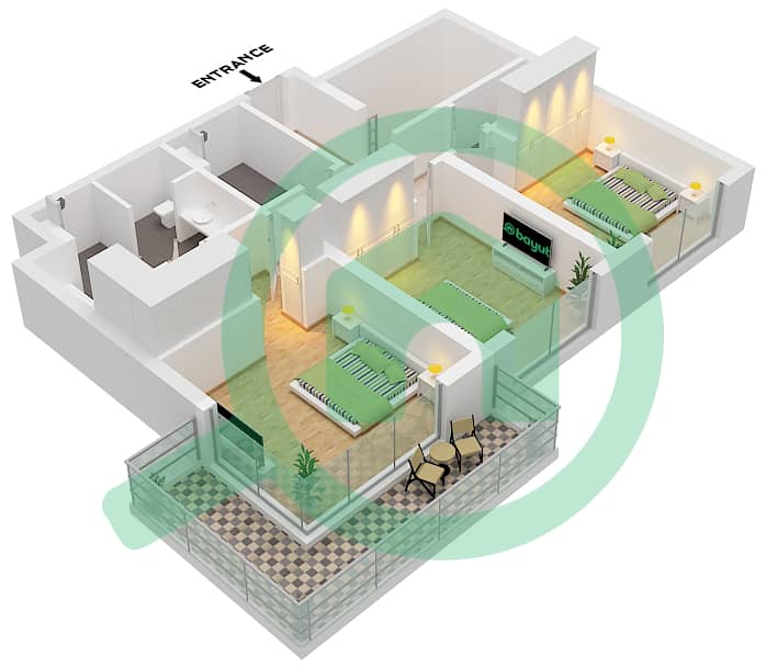 Seascape Building 4 - 3 卧室联排别墅类型／单位1C/UNIT 7 FLOOR  GROUND,1戶型图 Type 1C unit 7 Floor 1 interactive3D