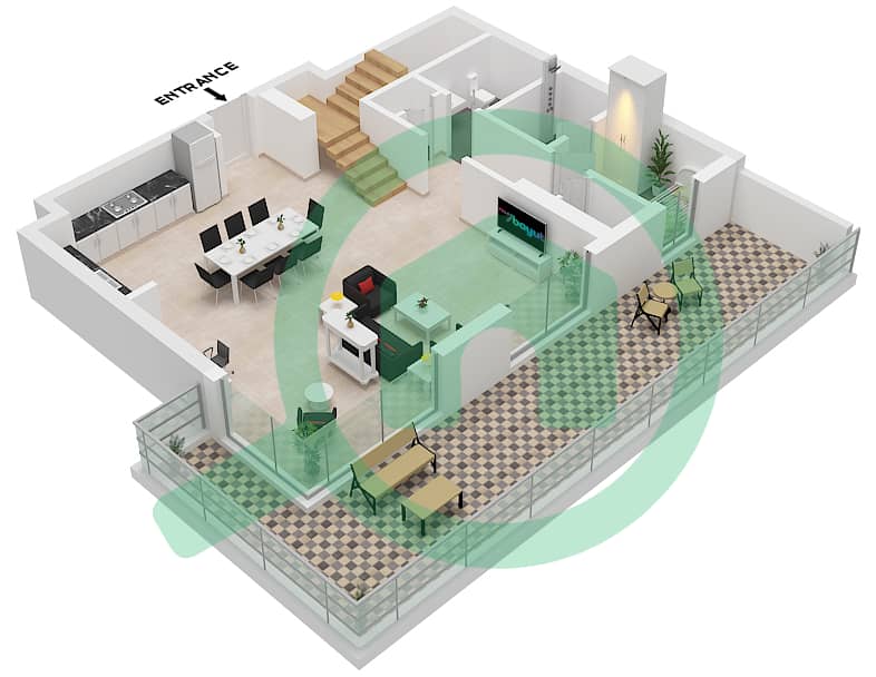 Seascape Building 4 - 3 卧室联排别墅类型／单位1D/UNIT 11 FLOOR GROUND,1戶型图 Type 1D Unit 11 Ground Floor interactive3D