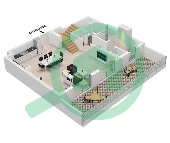 Seascape Building 4 - 3 卧室联排别墅类型／单位2B/UNIT 8 FLOOR GROUND,1戶型图 Type 2B Unit 8 Ground Floor interactive3D