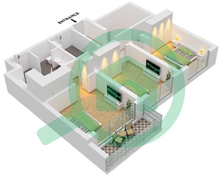 Seascape Building 4 - 3 卧室联排别墅类型／单位2B/UNIT 8 FLOOR GROUND,1戶型图 Type 2B Unit 8 Floor 1 interactive3D