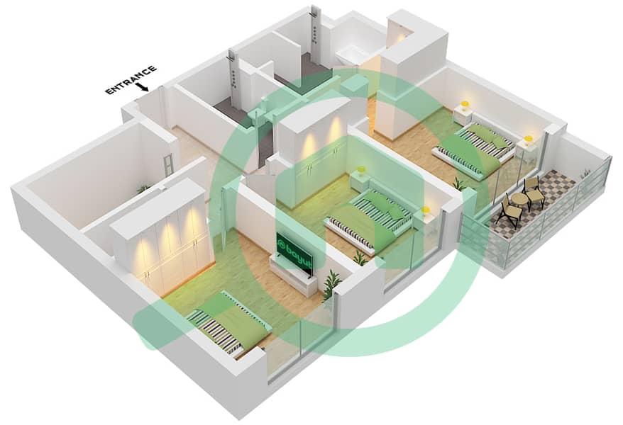 Seascape Building 4 - 3 卧室联排别墅类型／单位2C/UNIT 4 FLOOR GROUND,1戶型图 Type 2C Unit 4 Floor 1 interactive3D