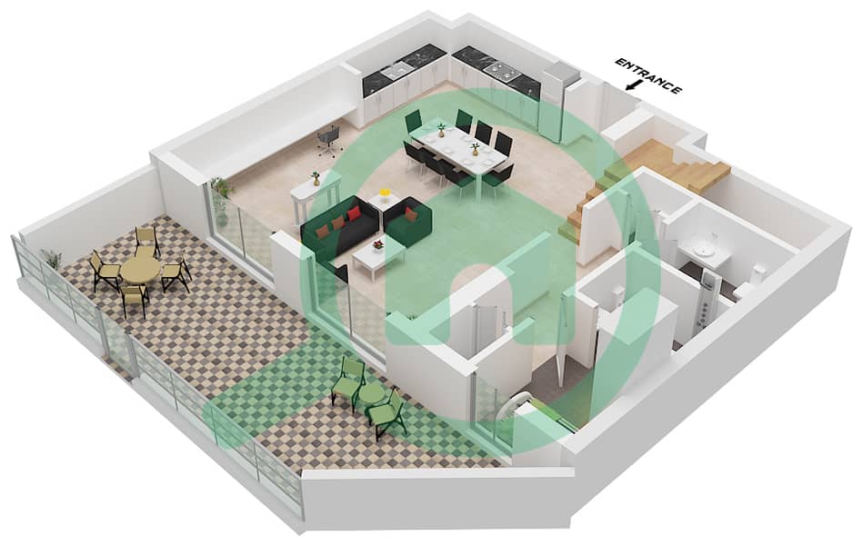 Seascape Building 4 - 3 卧室联排别墅类型／单位2D/UNIT 3 FLOOR GROUND,1戶型图 Type 2D Unit 3 Ground Floor interactive3D