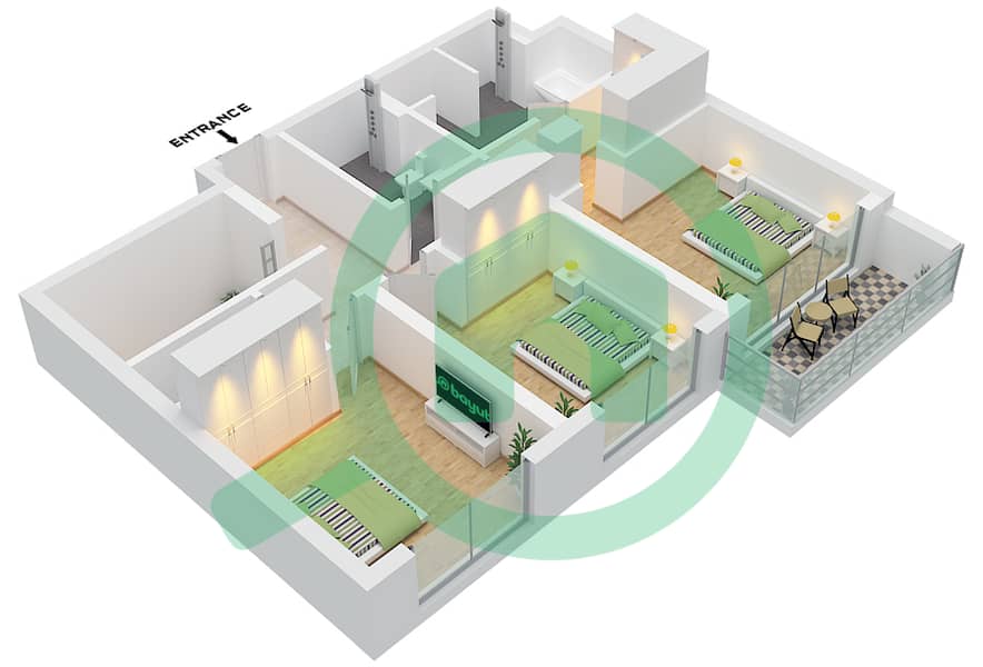 Seascape Building 4 - 3 卧室联排别墅类型／单位2F/UNIT 1 FLOOR GROUND,1戶型图 Type 2F Unit 1 Floor 1 interactive3D