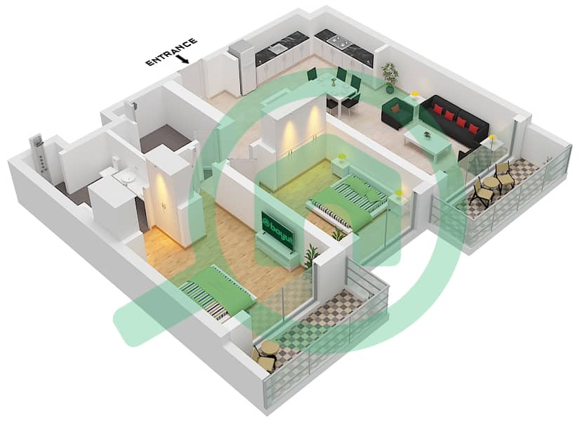 Seascape Building 1 - 2 Bedroom Apartment Type/unit 2A/UNIT 1,5,9 FLOOR 1-12 Floor plan Type 2A Unit 1 Floor 1-12 
Unit 5 Floor 1 
Unit 9 Floor 2-12 interactive3D