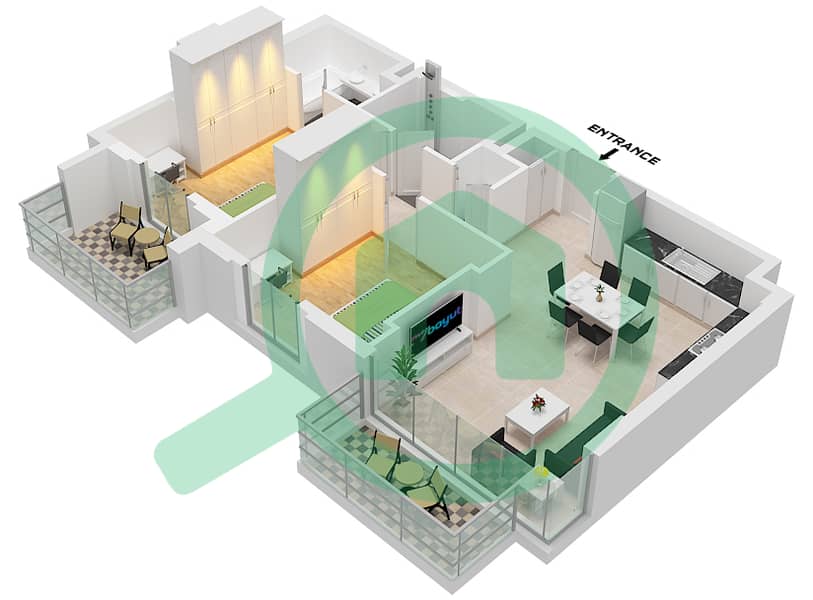 المخططات الطابقية لتصميم النموذج / الوحدة 2B-5 / UNIT 3 FLOOR 2-5 شقة 2 غرفة نوم - شقق زهرة 1A Type 2B-5 Unit 3,16, Floor 2-5 interactive3D