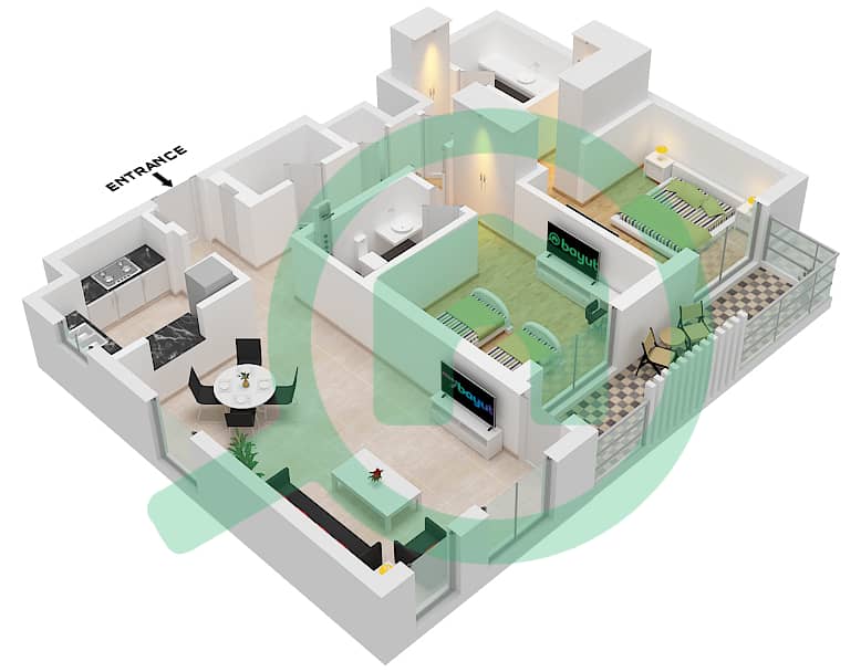 Hillside Residences 1 Building B - Апартамент 2 Cпальни планировка Тип C FLOOR 1-6 Type C Floor 1-6 interactive3D