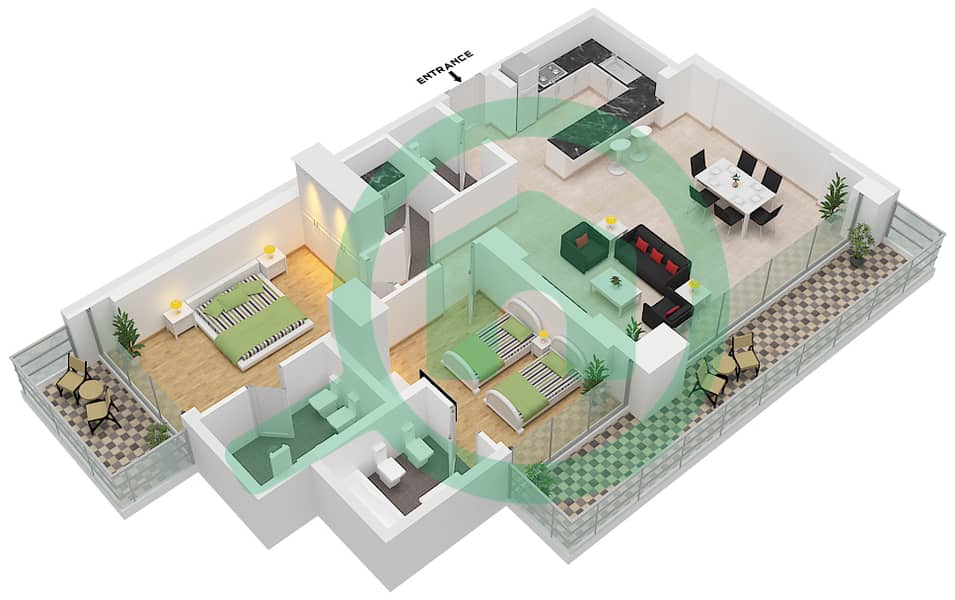 المخططات الطابقية لتصميم النموذج A شقة 2 غرفة نوم - مبنى شقق ماريوت التنفيذية 2 Type A interactive3D