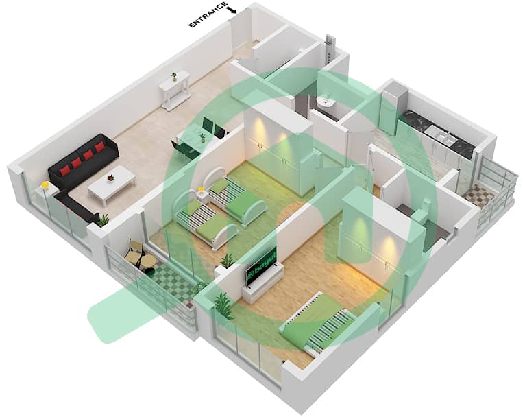 Ajman One Phase 2 - 2 Bedroom Apartment Type 3 Floor plan Type 3, Floor 16 interactive3D