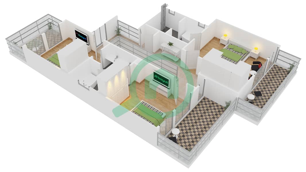 المخططات الطابقية لتصميم النموذج 9 فیلا 3 غرف نوم - صهيل 4 First Floor image3D