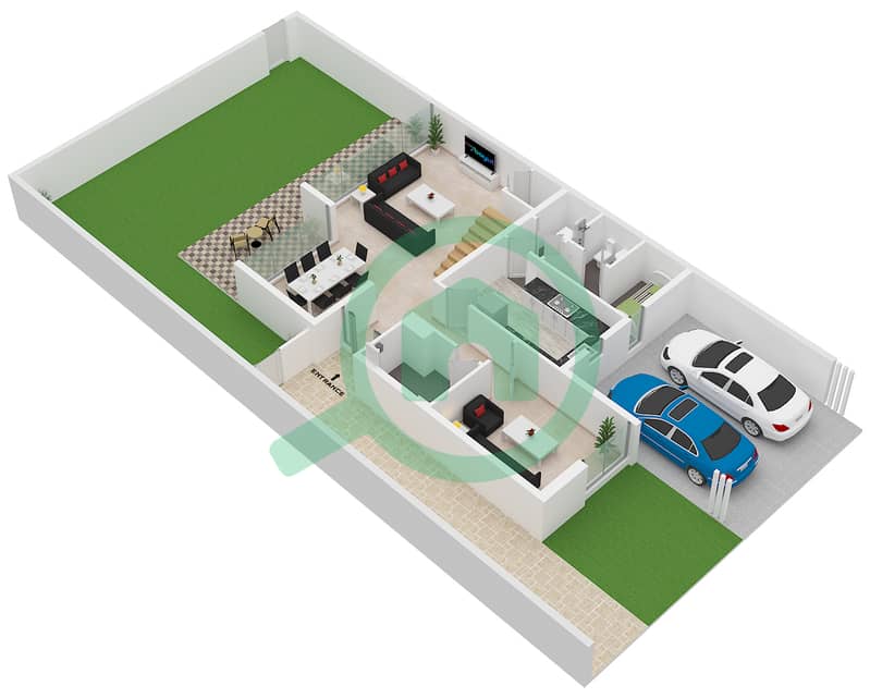 Виллы Сендиан - Таунхаус 3 Cпальни планировка Тип/мера A /  UNIT CORNER-END Type A Unit Corner-End, Floor Ground interactive3D