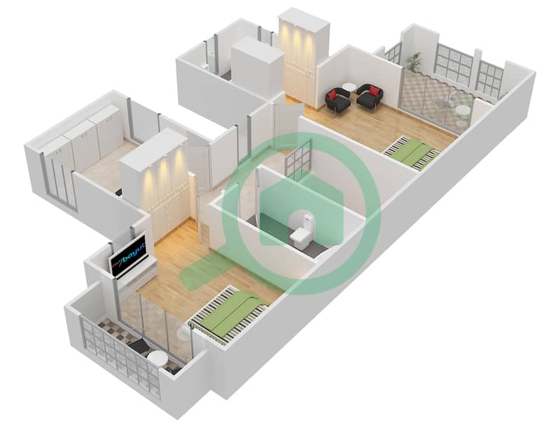 المخططات الطابقية لتصميم النموذج B تاون هاوس 2 غرفة نوم - بالميرا 3 First Floor image3D