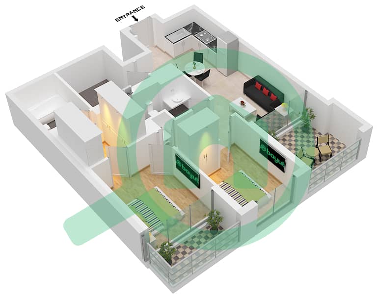 المخططات الطابقية لتصميم الوحدة 13 شقة 2 غرفة نوم - أيكون سيتي تاور C Unit 13 interactive3D