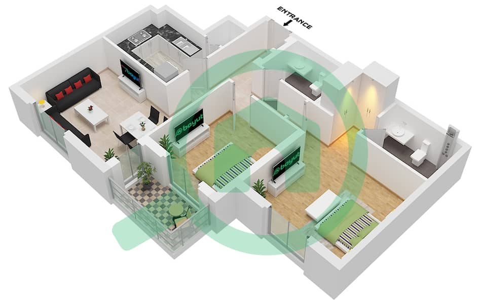 雄鹰山庄蔚蓝海滩公寓 - 2 卧室公寓类型／单位2C-1M / UNIT 7 FLOOR 5,6戶型图 Type 2C-1M Unit 7 Floor 5,6, Unit 8,13 Floor 2-4, Unit 10 Floor 6, Unit 12 Floor 5 interactive3D