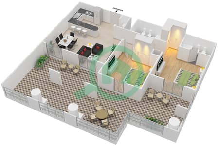 المخططات الطابقية لتصميم النموذج 3B شقة 2 غرفة نوم - الثمام 15