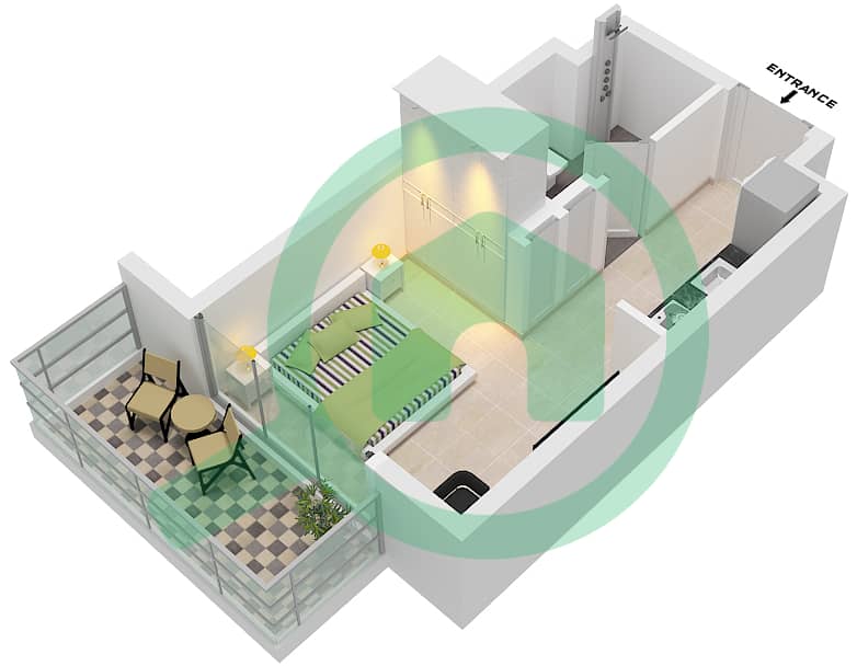 المخططات الطابقية لتصميم النموذج A شقة استوديو - عزيزي ڤينيس 10 بناية B Type A interactive3D