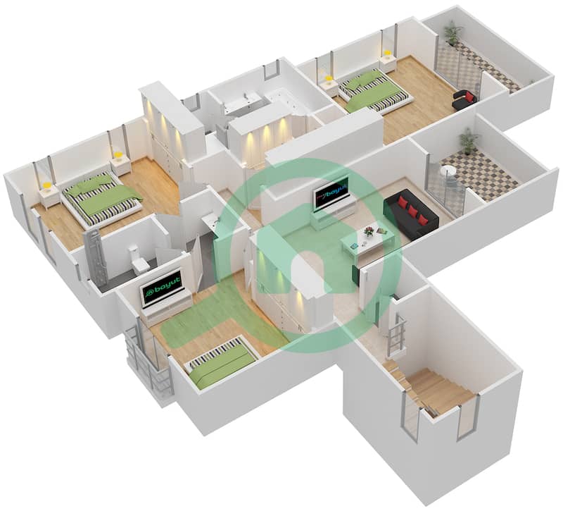 Роса - Вилла 4 Cпальни планировка Тип 2 First Floor image3D