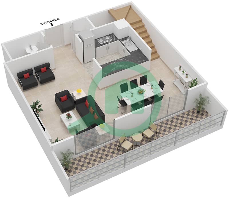 المخططات الطابقية لتصميم النموذج C DUPLEX MIDDLE UNIT شقة 2 غرفة نوم - بارك لاين ريزيدنس 4 Lower Level image3D