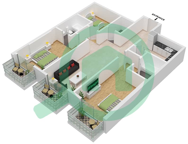 Манхэттен - Апартамент 3 Cпальни планировка Тип/мера B2 / UNIT 12 FLOOR 2 Type B2 Unit 12 Floor 2 interactive3D