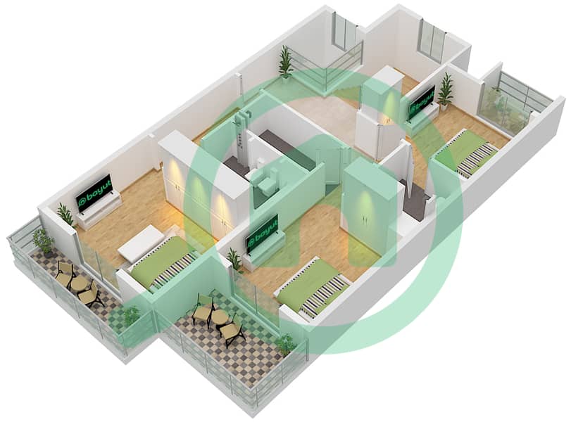 鲜花之家住宅综合体 - 3 卧室联排别墅类型MID戶型图 Type Mid, Floor First interactive3D