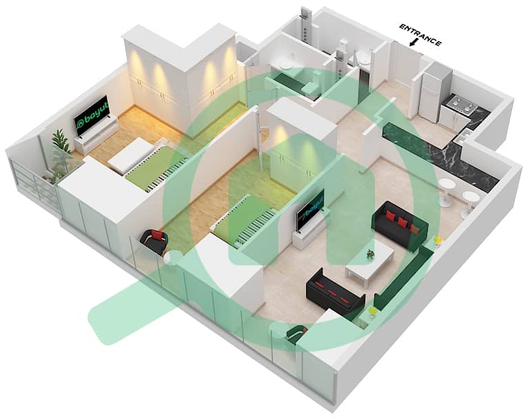 المخططات الطابقية لتصميم النموذج A شقة 2 غرفة نوم - فرانك مولر أنيرنيتاس Type A interactive3D