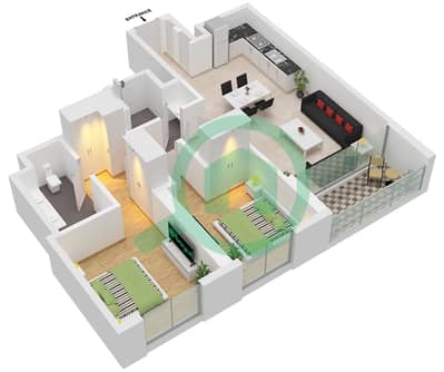 المخططات الطابقية لتصميم الوحدة 4 FLOOR 3-17,19-30 شقة 2 غرفة نوم - برج كريك جيت 1