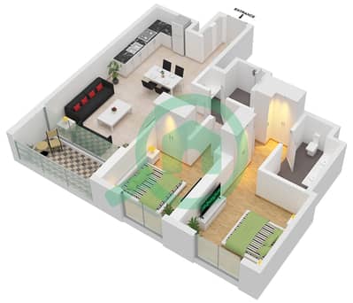 المخططات الطابقية لتصميم الوحدة 5 FLOOR 3-17,19-30 شقة 2 غرفة نوم - برج كريك جيت 1