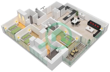 المخططات الطابقية لتصميم الوحدة 6 FLOOR 3-17,19-30 شقة 3 غرف نوم - برج كريك جيت 1