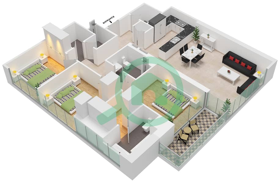 المخططات الطابقية لتصميم الوحدة 6 FLOOR 3-17,19-30 شقة 3 غرف نوم - برج كريك جيت 1 Unit 6 Floor 3-17,19-30 interactive3D