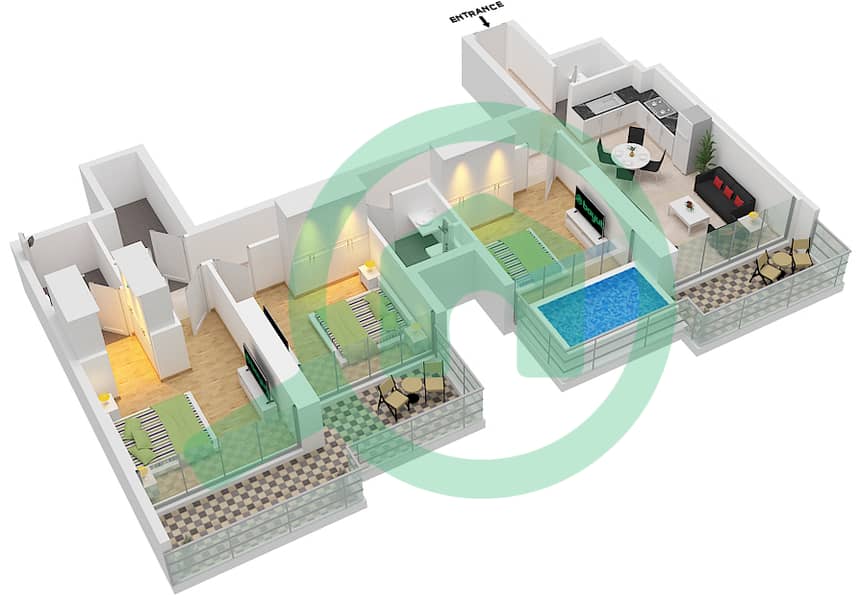 Elitz 3 Tower 1 - 3 卧室公寓类型／单位A / UNIT 3 FLOOR 29-35戶型图 Type A Unit 3 Floor 29-35 interactive3D